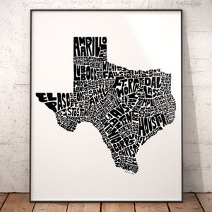 Texas map art, Texas decor, Texas artwork, print of my original Texas typography style map art Black and White