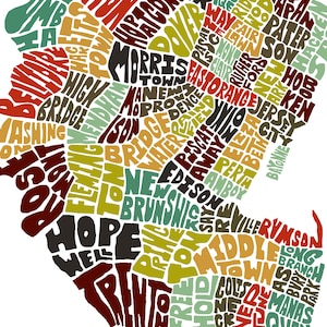 New Jersey map art, New Jersey decor, New Jersey artwork, print of my original New Jersey typography style map art