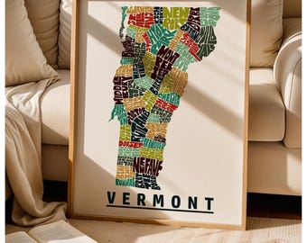 Framed Vermont map art print, Vermont art print, Multiple sizes, color schemes & frame options available, Vermont map print, Vermont decor