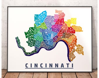 Cincinnati neighborhood map art print, signed print of my original hand drawn Cincinnati typography art, Cincinnati gift