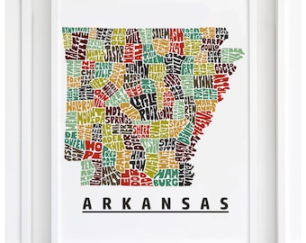 Arkansas map art, Arkansas decor, Arkansas gift, print of my original Arkansas typography style map art