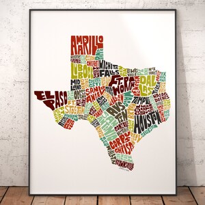 Texas map art, Texas decor, Texas artwork, print of my original Texas typography style map art Earth Tones