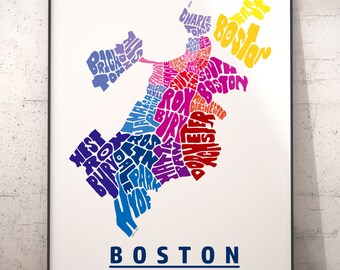 Boston neighborhood map print, signed print of my original Boston map art typography