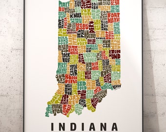 Indiana map art, Indiana art print, signed print of my original hand drawn Indiana map art