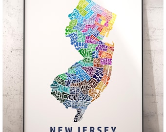 New Jersey map art print, New Jersey decor, New Jersey gift, signed print of my original hand drawn New Jersey art, New Jersey print