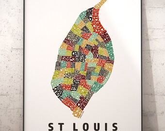 St Louis Neighborhood Map Print, signed print of my original hand drawn St Louis map art