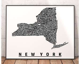 New York map art, New York art print, print of my original hand drawn New York typography, New York gift, multiple colors available