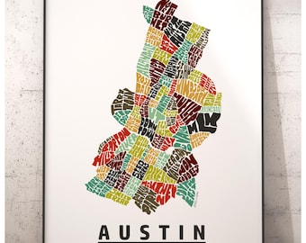 Austin neighborhood map print, signed print of my original hand drawn Austin map art, Austin gift