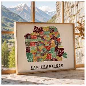 Framed San Francisco neighborhoods map art print - multiple sizes, color schemes & frame options available - unique San Francisco gift idea