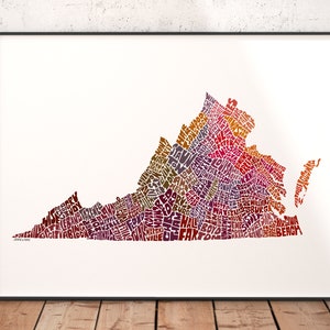 Virginia map art, Virginia decor, Virginia artwork, print of my original Virginia typography style map art Red Tones
