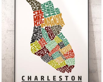 Charleston neighborhood map print, signed print of my original hand drawn Charleston map art, Charleston gift