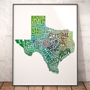 Texas map art, Texas decor, Texas artwork, print of my original Texas typography style map art Green Tones