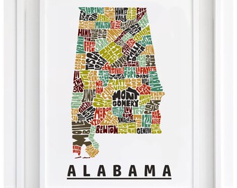 Alabama map art, Alabama decor, Alabama gift, print of my original Alabama typography style map art