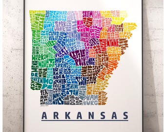 Arkansas map art print, Arkansas decor, Arkansas gift, signed print of my original hand drawn Arkansas art, Arkansas print