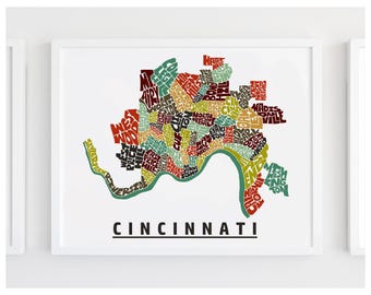 Cincinnati neighborhood map print, Chicago map art print signed, Several Colors and Sizes Available, Hand-lettered map of Cincinnati poster