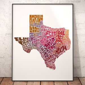 Texas map art, Texas decor, Texas artwork, print of my original Texas typography style map art Red Tones