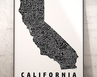 California map, California art, California print, signed print of my original California typography map art