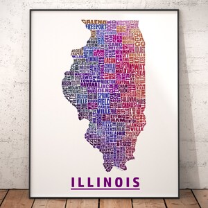 Illinois Map, Illinois Art, Illinois Print, signed print of my original Illinois typography map art Purple Tones (pic 7)