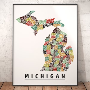 Michigan map art, Michigan art print, signed print of my original hand drawn Michigan map art