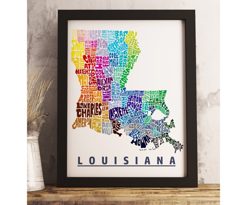 Louisiana map art FRAMED, available in several colors and sizes, Louisiana art print, Louisiana map print, Louisiana decor Rainbow