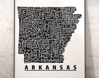 Arkansas map, Arkansas art, Arkansas print, signed print of my original Arkansas typography map art