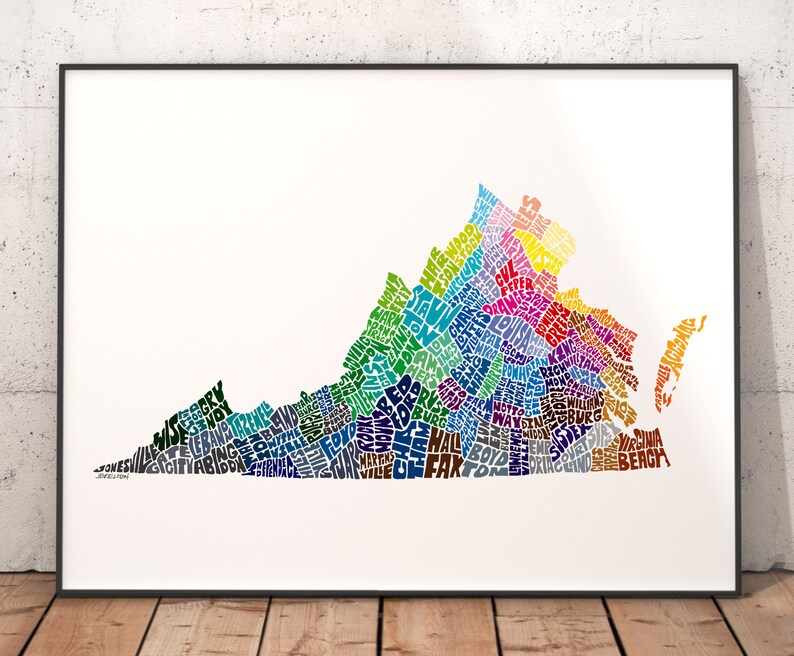 Virginia map art, Virginia decor, Virginia artwork, print of my original Virginia typography style map art Rainbow