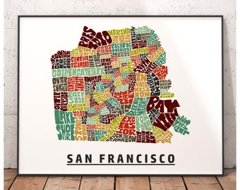 Mapa de barrios de San Francisco impreso, lámina firmada de mi dibujo original a mano del mapa de San Francisco, regalo de San Francisco
