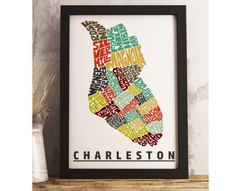 Charleston neighborhood map art FRAMED, available in several colors and sizes, Charleston art print, Charleston map art, Charleston decor