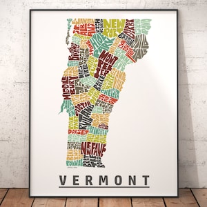 Vermont map art, Vermont art print, signed print of my original hand drawn Vermont map art