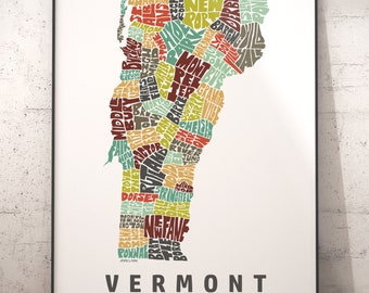 Vermont map art, Vermont art print, signed print of my original hand drawn Vermont map art