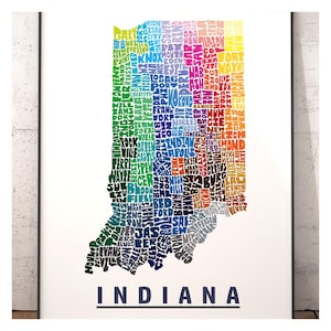 Indiana map art print, Indiana decor, Indiana gift, signed print of my original hand drawn Indiana art, Indiana print
