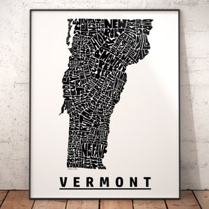 Vermont Map, Vermont Art, Vermont Print, signed print of my original Vermont typography map art
