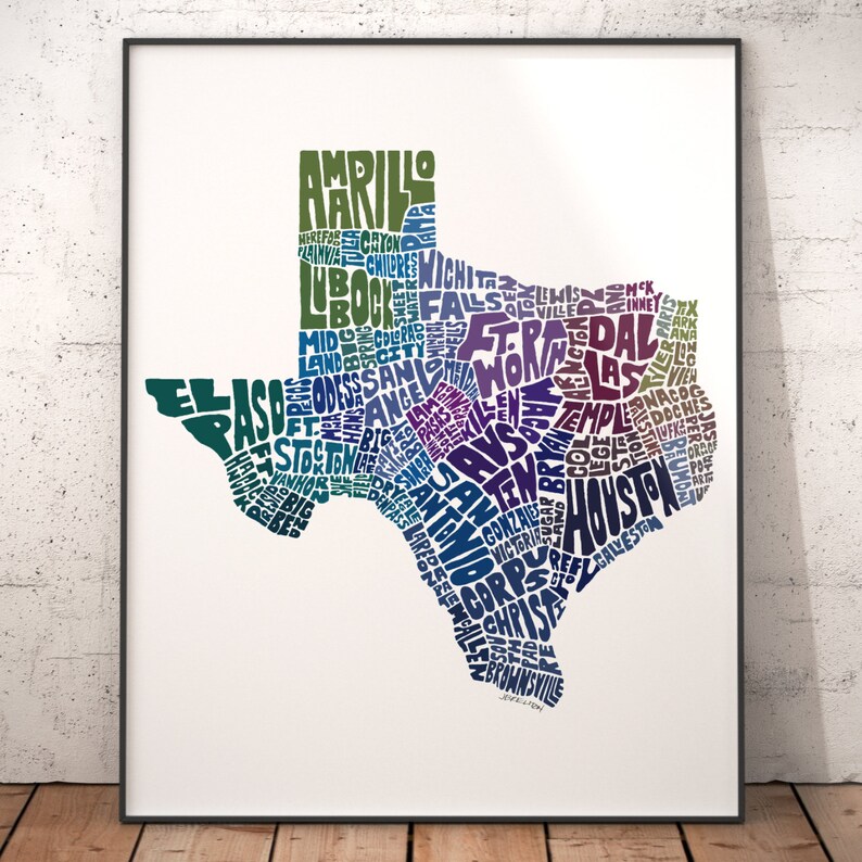 Texas map art, Texas decor, Texas artwork, print of my original Texas typography style map art Blue Tones