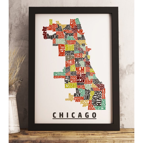 Chicago neighborhood map art FRAMED, available in several colors and sizes, Chicago art print, Chicago map art, Chicago decor