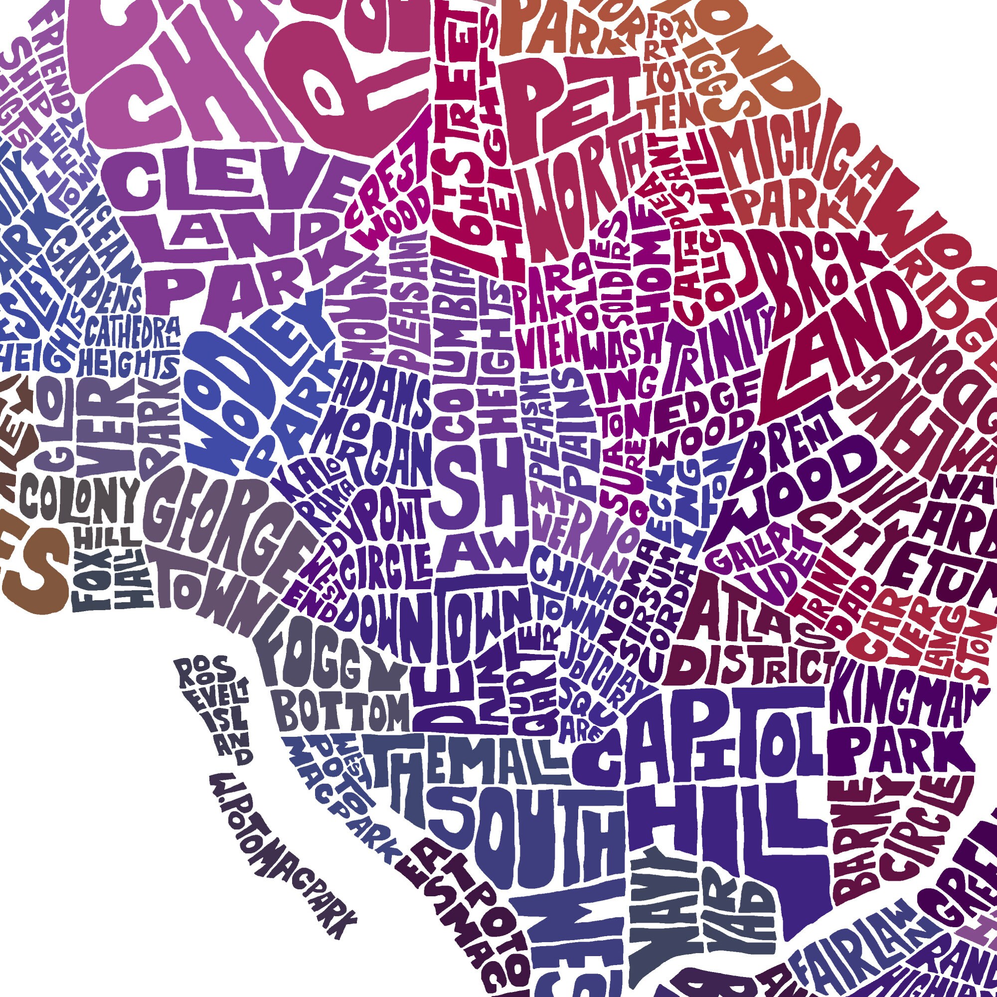 Framed Washington DC Neighborhoods Map Art Print, Multiple Sizes, Color ...