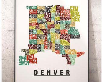Denver neighborhood map print, signed print of my original hand drawn Denver map art, Denver gift
