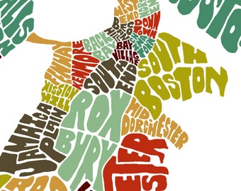 Boston neighborhood map art, Boston art print, print of my original Boston typography style map art