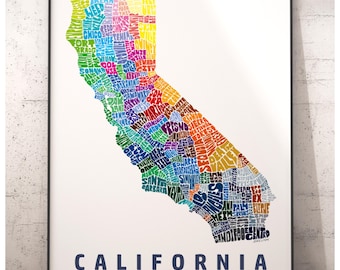 California map art print, California decor, California gift, signed print of my original hand drawn California art, California print