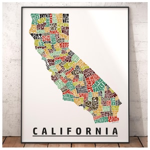 California map art, California art print, signed print of my original hand drawn California typography, California gift, California decor