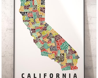 California map art, California art print, signed print of my original hand drawn California typography, California gift, California decor