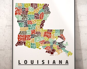 Louisiana map art, Louisiana art print, signed print of my original hand drawn Louisiana map art