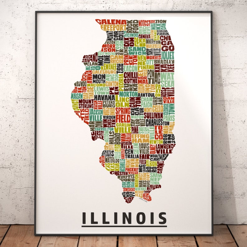 Illinois Map, Illinois Art, Illinois Print, signed print of my original Illinois typography map art Earth Tones (pic 2)