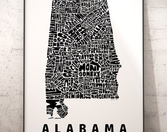 Alabama Map, Alabama Art, Alabama Print, signed print of my original Alabama typography map art