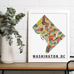 Framed Washington DC map art print, Available in several colors and sizes, Washington DC neighborhoods art print, Washington DC decor