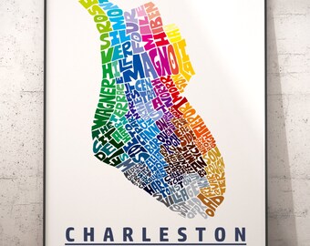 Charleston neighborhood map print, signed print of my original Charleston map art typography