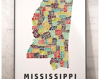Mississippi map art, Mississippi art print, signed print of my original hand drawn Mississippi typography art, Mississippi gift