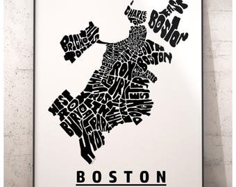 Boston neighborhood map art print, Boston gift, signed print of my original hand drawn Boston typography art, multiple colors available