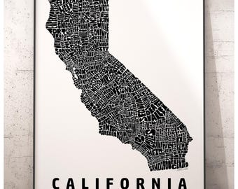 California map art, California art print, print of my original hand drawn California typography, California gift, multiple colors available