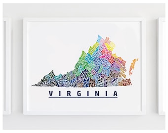 Arte de mapas de Virginia, decoración de Virginia, regalo de Virginia, impresión de mi arte original de mapas de Virginia en estilo tipográfico