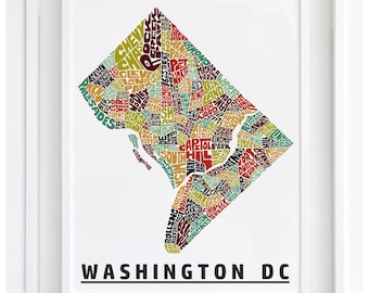 Washington DC neighborhood map print, Washington DC map art print signed, Several Colors and Sizes Available, Hand-lettered map of DC poster